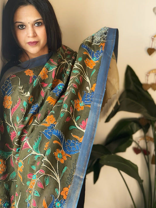 Handpainted Kalamkari Dupatta with Thread & Mirror Handwork in Chanderi Silk
