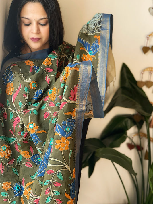 Handpainted Kalamkari Dupatta with Thread & Mirror Handwork in Chanderi Silk