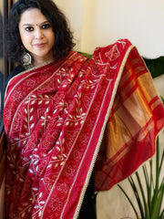 Red Printed Bandhej Chanderi Dupatta with Leather Gotapatti Work