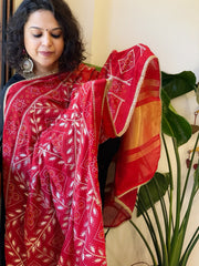 Red Printed Bandhej Chanderi Dupatta with Leather Gotapatti Work