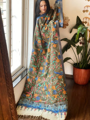 Handpainted Kalamkari Dupatta with Thread & Mirror Handwork in Chanderi Silk