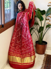 Red Printed Bandhej Chanderi Dupatta with Leather Gotapatti Work