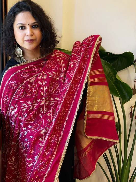 Pink Printed Bandhej Chanderi Dupatta with Leather Gotapatti Work