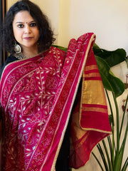 Pink Printed Bandhej Chanderi Dupatta with Leather Gotapatti Work