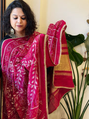 Pink Printed Bandhej Chanderi Dupatta with Leather Gotapatti Work