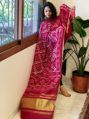 Pink Printed Bandhej Chanderi Dupatta with Leather Gotapatti Work
