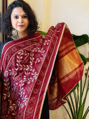 Maroon Printed Bandhej Chanderi Dupatta with Leather Gotapatti Work