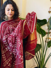 Maroon Printed Bandhej Chanderi Dupatta with Leather Gotapatti Work