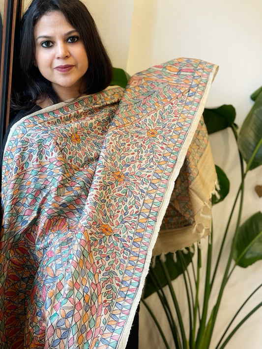 Handpainted Madhubani Dupatta in Pure Tussar Silk
