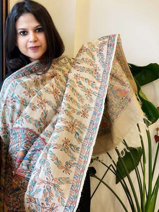 Handpainted Madhubani Dupatta in Pure Tussar Silk