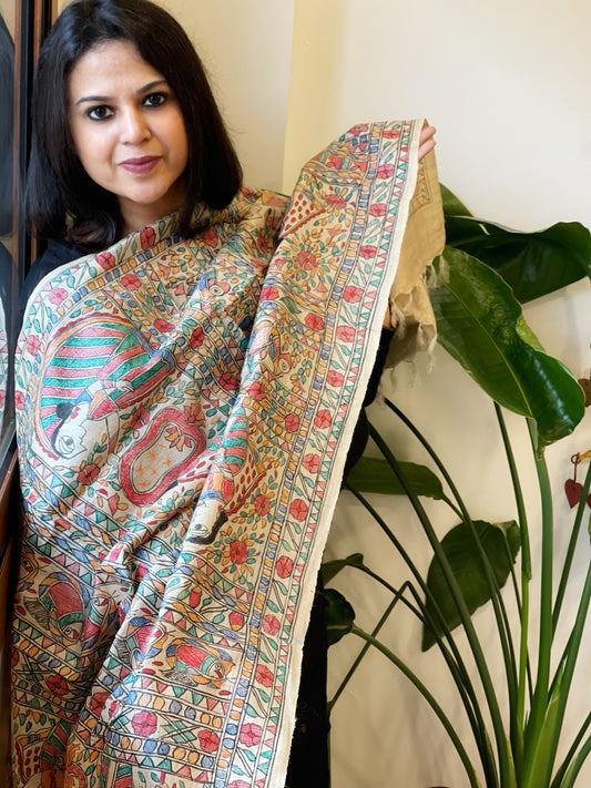 Handpainted Madhubani Dupatta in Pure Tussar Silk