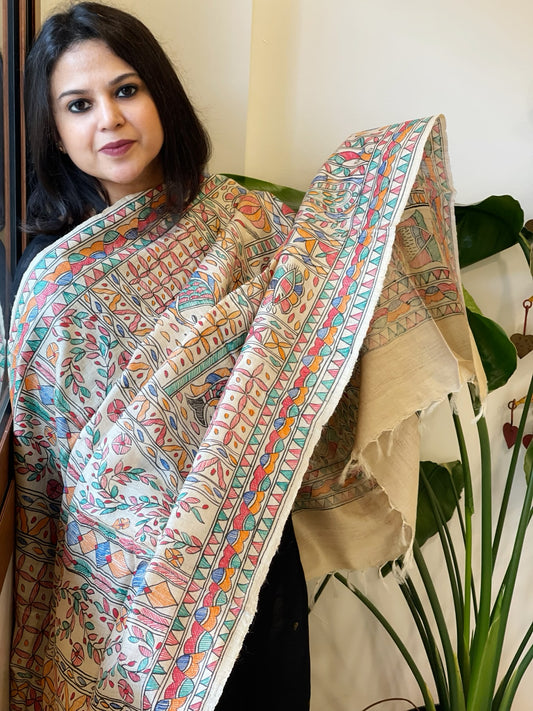 Handpainted Madhubani Dupatta in Pure Tussar Silk