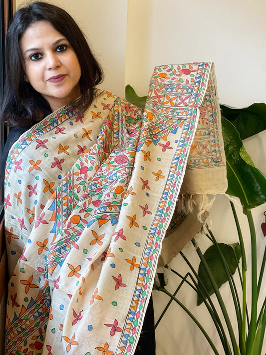 Handpainted Madhubani Dupatta in Pure Tussar Silk