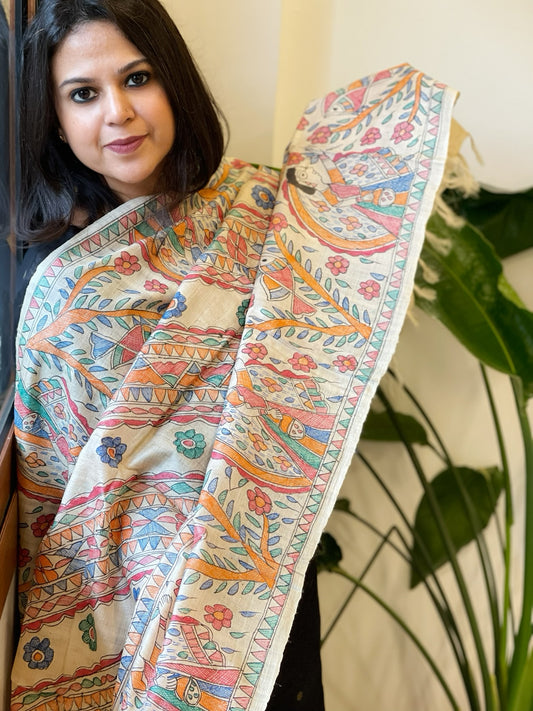 Handpainted Madhubani Dupatta in Pure Tussar Silk
