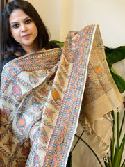 Handpainted Madhubani Dupatta in Pure Tussar Silk