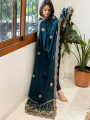 Teal Crepe Dupatta with Pearl, Cut Daana, Gold Thread & Sequin Embroidery