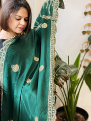 Green Crepe Dupatta with Pearl, Cut Daana, Gold Thread & Sequin Embroidery