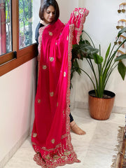 Coral Pink Crepe Dupatta with Pearl, Cut Daana, Gold Thread & Sequin Embroidery