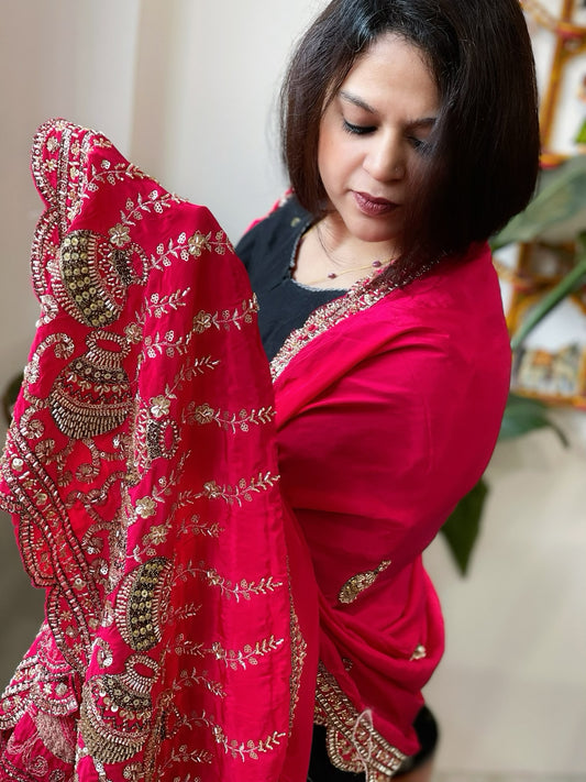 Coral Pink Crepe Dupatta with Pearl, Cut Daana, Gold Thread & Sequin Embroidery