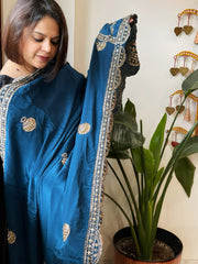 Teal Crepe Dupatta with Pearl, Cut Daana, Gold Thread & Sequin Embroidery