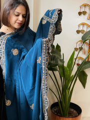 Teal Crepe Dupatta with Pearl, Cut Daana, Gold Thread & Sequin Embroidery