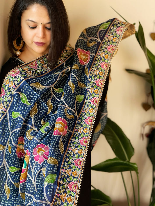 Teal Printed Bandhej Chinon Dupatta with Embroidery