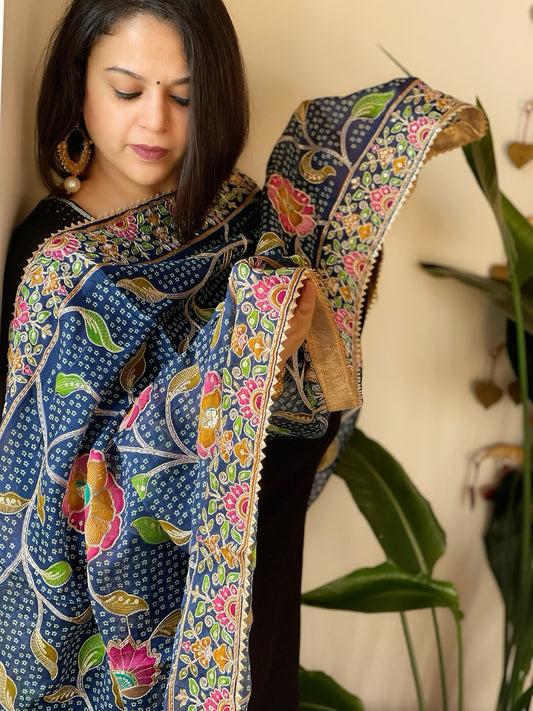 Teal Printed Bandhej Chinon Dupatta with Embroidery