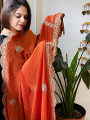 Orange Crepe Dupatta with Pearl, Cut Daana, Gold Thread & Sequin Embroidery
