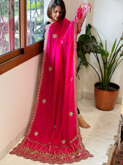 Hot Pink Crepe Dupatta with Pearl, Cut Daana, Gold Thread & Sequin Embroidery