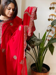 Red Crepe Dupatta with Pearl, Cut Daana, Gold Thread & Sequin Embroidery