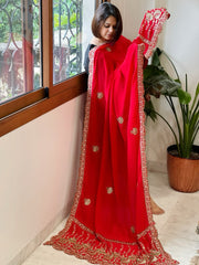 Red Crepe Dupatta with Pearl, Cut Daana, Gold Thread & Sequin Embroidery