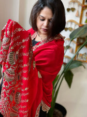 Red Crepe Dupatta with Pearl, Cut Daana, Gold Thread & Sequin Embroidery