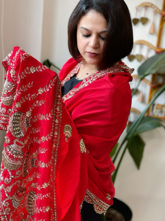 Red Crepe Dupatta with Pearl, Cut Daana, Gold Thread & Sequin Embroidery