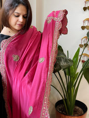Pink Crepe Dupatta with Pearl, Cut Daana, Gold Thread & Sequin Embroidery