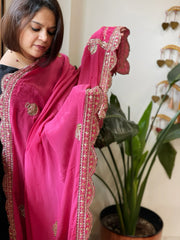 Pink Crepe Dupatta with Pearl, Cut Daana, Gold Thread & Sequin Embroidery