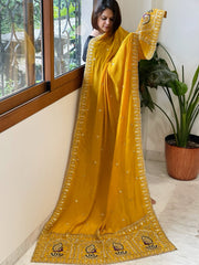 Yellow Crepe Dupatta with Pearl, Cut Daana, Gold Thread & Sequin Embroidery