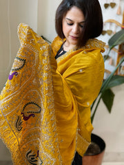 Yellow Crepe Dupatta with Pearl, Cut Daana, Gold Thread & Sequin Embroidery
