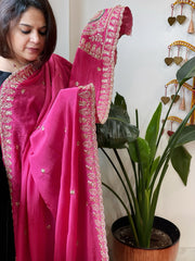 Pink Crepe Dupatta with Pearl, Cut Daana, Gold Thread & Sequin Embroidery