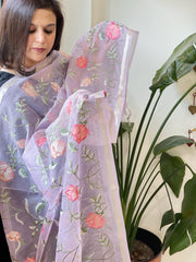 Lavender Organza Dupatta with Thread Embroidery