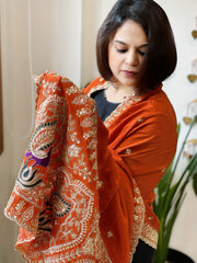 Orange Crepe Dupatta with Pearl, Cut Daana, Gold Thread & Sequin Embroidery