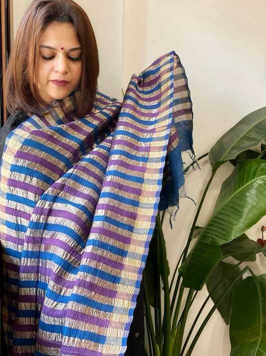 Purple, Blue Handwoven Chanderi Tissue Dupatta