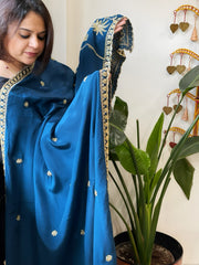 Teal Blue Crepe Dupatta with Pearl, Cut Daana, Gold Thread & Sequin Embroidery