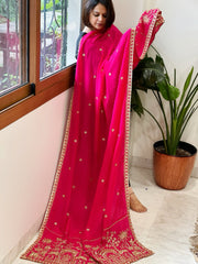 Hot Pink Crepe Dupatta with Pearl, Cut Daana, Gold Thread & Sequin Embroidery