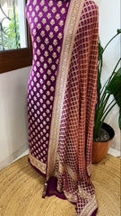 Purple, Carrot Pink Handwoven Banarasi Suit Set in Pure Georgette