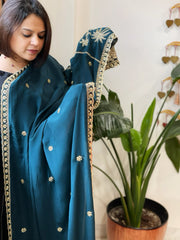 Teal Crepe Dupatta with Pearl, Cut Daana, Gold Thread & Sequin Embroidery