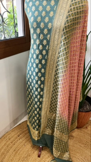 Sea Green, Peachish Pink Handwoven Banarasi Suit Set in Pure Georgette