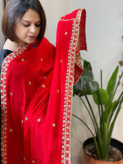 Red Crepe Dupatta with Pearl, Cut Daana, Gold Thread & Sequin Embroidery