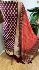 Maroon, Coral Red Handwoven Banarasi Suit Set in Pure Georgette