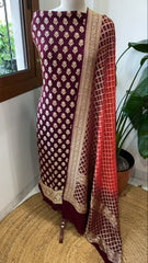 Maroon, Coral Red Handwoven Banarasi Suit Set in Pure Georgette