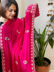 Hot Pink Crepe Dupatta with Pearl, Cut Daana, Gold Thread & Sequin Embroidery